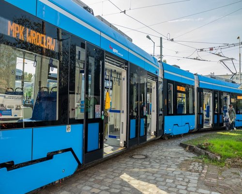 Person commuting in a tram in a Polish city
